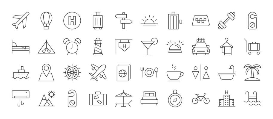 Collection of icons of hotel, vacation, travel for Advertisement. Suitable for books, stores, shops. Editable stroke in minimalistic outline style. Symbol for design