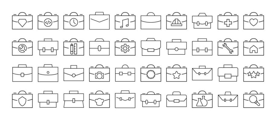 Collection of Line Icons of portfolio, briefcase and suitcase for business for Adverts. Suitable for books, stores, shops. Editable stroke in minimalistic outline style. Symbol for design