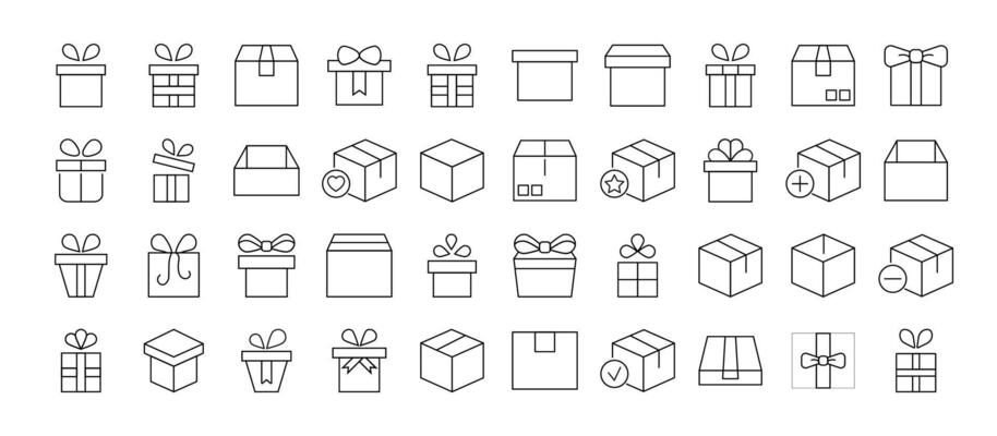Collection of Icons of boxes and giftboxes as holiday and delivery symbols. Suitable for books, stores, shops. Editable stroke in minimalistic outline style. Symbol for design