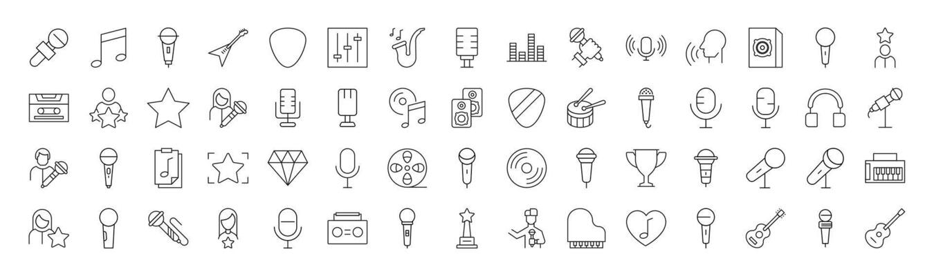 Collection of Icons of music, singer, microphone. Suitable for books, stores, shops. Editable stroke in minimalistic outline style. Symbol for design