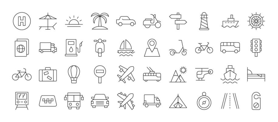 Collection of Icons of transport, travel, trip, vacation for Shops and Stores. Suitable for books, stores, shops. Editable stroke in minimalistic outline style. Symbol for design