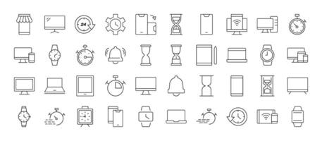 Collection of Signs of timer, clock, computer, phone, smartwatch. Suitable for books, stores, shops. Editable stroke in minimalistic outline style. Symbol for design vector