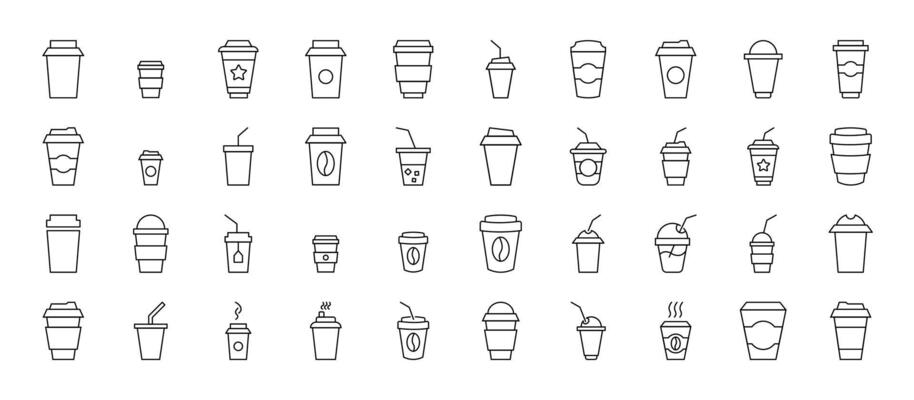 Collection of Line Icons of coffee, tea or other drinks in disposable cups for Adverts. Suitable for books, stores, shops. Editable stroke in minimalistic outline style. Symbol for design