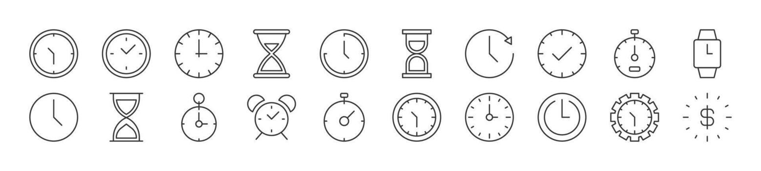 Pack of linear symbols of clock as time. Editable stroke. Linear symbol for web sites, newspapers, articles book vector