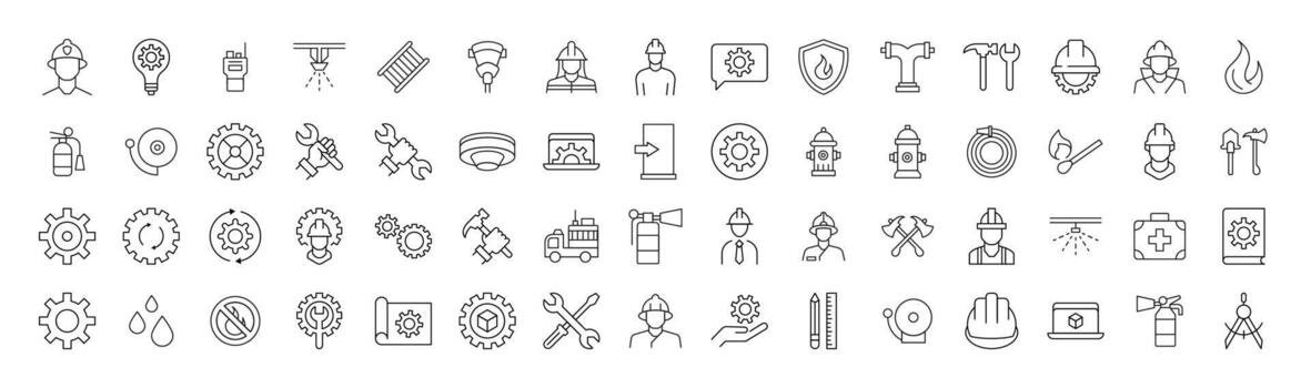 Collection of icons of firefighter, engineer, builder for Advertisement. Suitable for books, stores, shops. Editable stroke in minimalistic outline style. Symbol for design vector