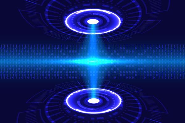 Abstract digital background featuring glowing binary code and holographic circular interfaces, symbolizing data transfer and future technology