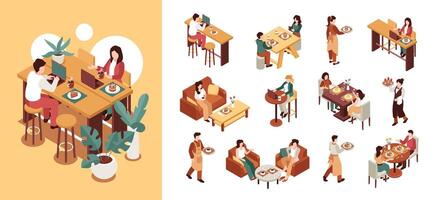 Dining illustrations of couples and waitstaff vector