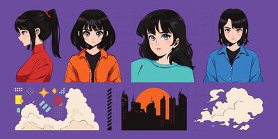 Anime characters with varying hairstyles and expressions vector