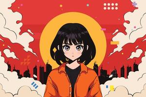 Anime girl with city skyline background vector