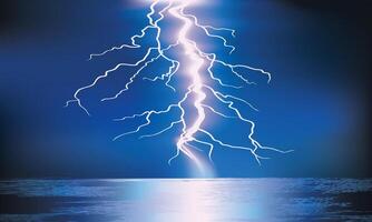 Bright Lightning Strike Over Ocean Under Blue Storm Sky vector