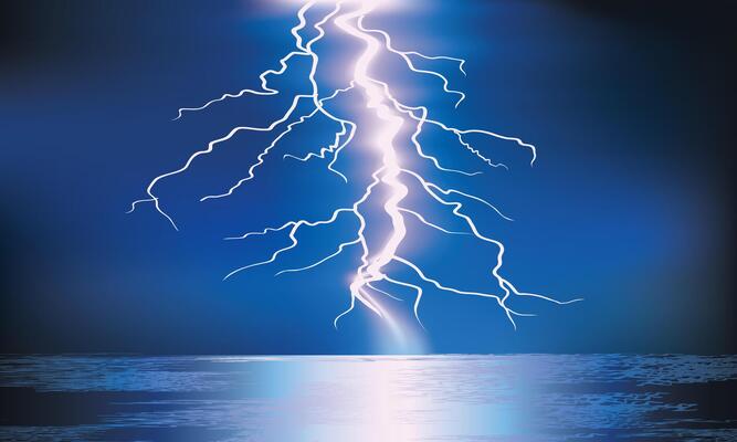 Bright Lightning Strike Over Ocean Under Blue Storm Sky
