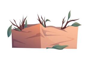 Crumpled cardboard box nest with dry branches, isolated cartoon illustration of animal shelter, wildlife rescue, eco housing or improvised habitat vector