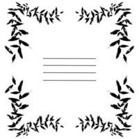 square frame made of small branches with leaves corners, poorly printed texture, worn-out print, grunge. illustration with stripes writing. template for notebooks and sketchbooks as main page vector