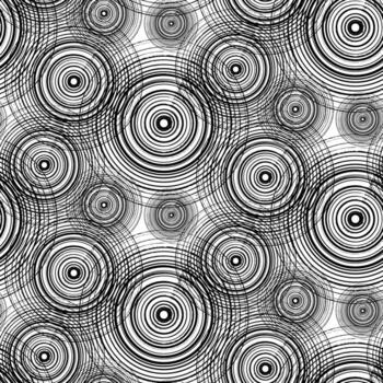 Scattered circles in a pattern. Abstract geometric background. Transparent concentric rings with grunge. Seamless pattern. Monochrome illustration. Combined elements. Endlessly repeating vector