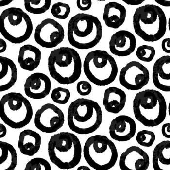 Abstract pattern with circles in circles of various shapes. Wet brush for clear and blurred colors. Monochrome. Repetitive pattern with hand-drawn effects. Seamless texture with poor printing, grunge vector