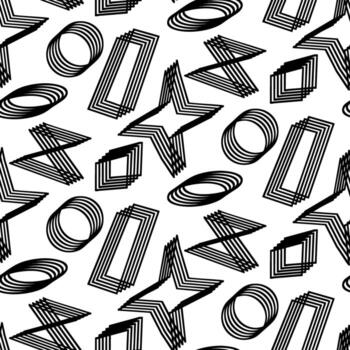 Pattern curved geometric shapes of repeating stripes, hand-drawn with a clear line. Circle, star, oval, rectangle. Repeating shapes in a seamless texture. Multi-layered lines of geometric shapes vector