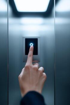 Finger touching biometric fingerprint scanner on modern elevator control panel. Hand using security authentication technology for access control in office building interior. photo