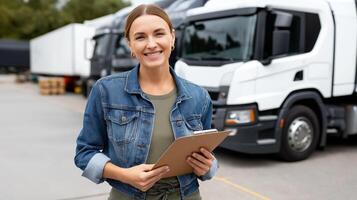 Female truck driver with clipboard standing confidently by commercial vehicle. Woman in transportation logistics industry. Professional delivery worker at freight terminal. photo