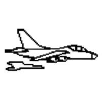 Pixel art jet aircraft in monochrome retro aviation technology, military fighter plane isolated on white background vector
