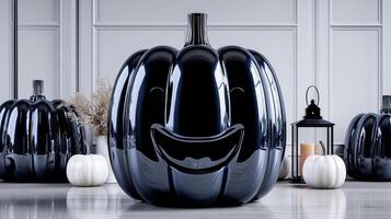 Luxury Halloween decoration display with elegant black and white ceramic pumpkins. Premium glossy jack-o-lantern faces create sophisticated autumn party decor atmosphere. photo