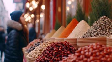 Colorful spices and herbs displayed in traditional market bazaar with wooden bowls. Red dried peppers, aromatic powders and exotic seasonings create vibrant piles at authentic street vendor stall. photo