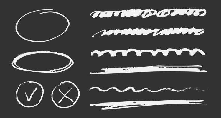 Brush drawn ellipses textured underline check marks highlight text. Chalk drawing on blackboard, school hand drawn scribble set.