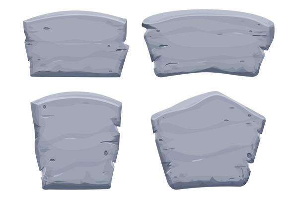 Set of Stone tablet, rock banner with cracked elements in cartoon style isolated on white background. Grey frame, block boulder for interface ui games.