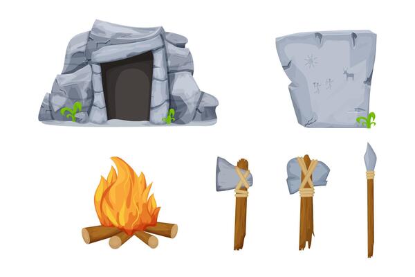 Stone age tools set with cave, fireplace, rock with drawings, axe, hammer and sharp stick isolated on white background in cartoon style. Primitive, ancient objects.