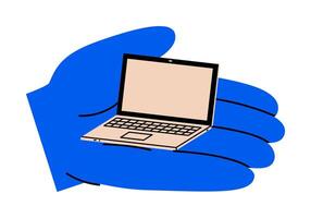 Hand drawn cute cartoon illustration hand holding open laptop. Flat education or study device on arm doodle. Business office workplace icon. Working on computer. Freelance at home pc. Isolated. vector