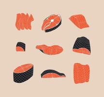 Salmon cuts in different shapes ready for diverse culinary creations drawing on beige background vector