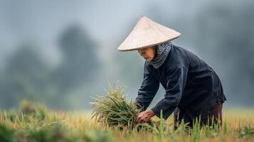 Farmer harvesting rice in the field photo