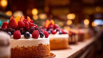 Berry topped cakes on display photo