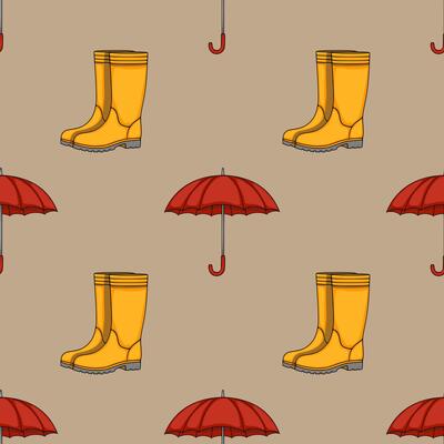 Seamless pattern featuring bright yellow rubber boots and red umbrellas on a muted beige background, creating a cheerful autumnal design perfect for textile prints or website backgrounds.
