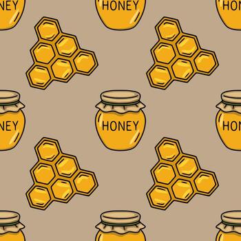 sin costura modelo presentando dibujado a mano ilustraciones de panales y miel frascos, creando un encantador y rústico diseño Perfecto para embalaje o textil aplicaciones vector