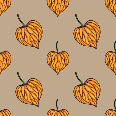 Seamless pattern of stylized orange physalis fruits on a beige background, creating a unique autumnal design perfect for textile prints or digital wallpapers.