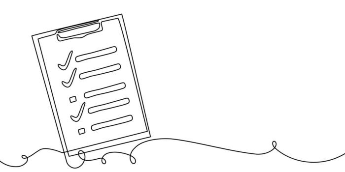 Line art one icon continuous document list illustration single check clipboard. Art one line data checklist survey test pen paper business report doodle notebook agenda sketch board form. vector