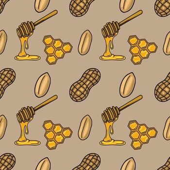 sin costura modelo de miseria, panales, y miel cazo, creando un delicioso y dulce ilustración en calentar oro y marrón tonos vector