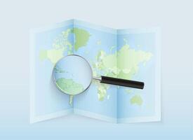 Magnifying glass on world map vector