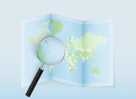 Magnifying glass on a world map vector