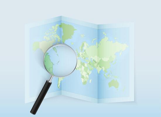 A folded world map with a magnifying lens pointing towards Dominica. Map and flag of Italy in loupe.