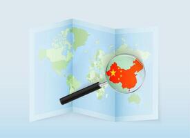 Map highlighting China with magnifying glass vector