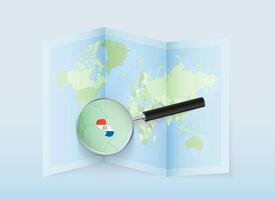 Magnifying glass on world map vector