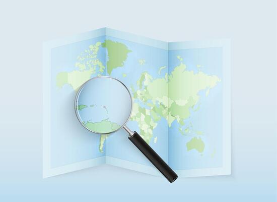 A folded world map with a magnifying lens pointing towards Antigua and Barbuda. Map and flag of Italy in loupe.