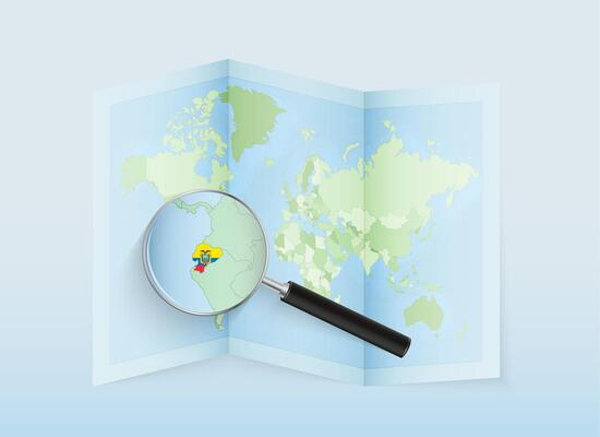 A folded world map with a magnifying lens pointing towards Ecuador. Map and flag of Italy in loupe.