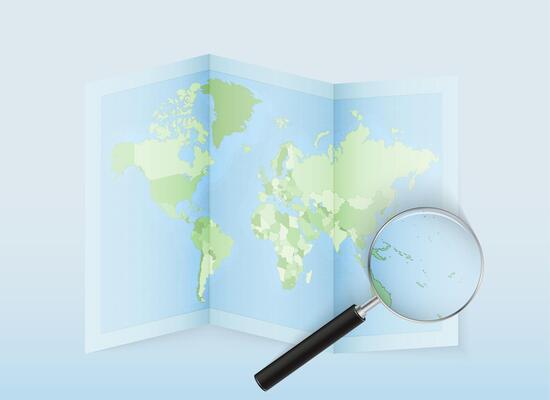A folded world map with a magnifying lens pointing towards Vanuatu. Map and flag of Italy in loupe.