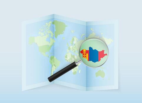 Mongolia map with flag under magnifying glass vector
