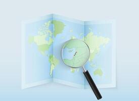 Magnifying glass over world map vector