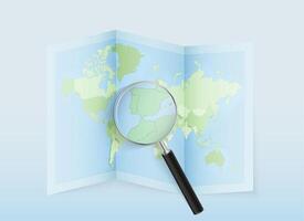 Magnifying glass on world map vector