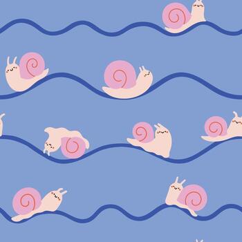 sin costura adorable modelo con Caracoles y ondulado líneas en un azul antecedentes vector