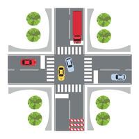 Crossroad top view. A road intersection with cars passing by. Illustration. An urban street with transportation at the intersection. vector